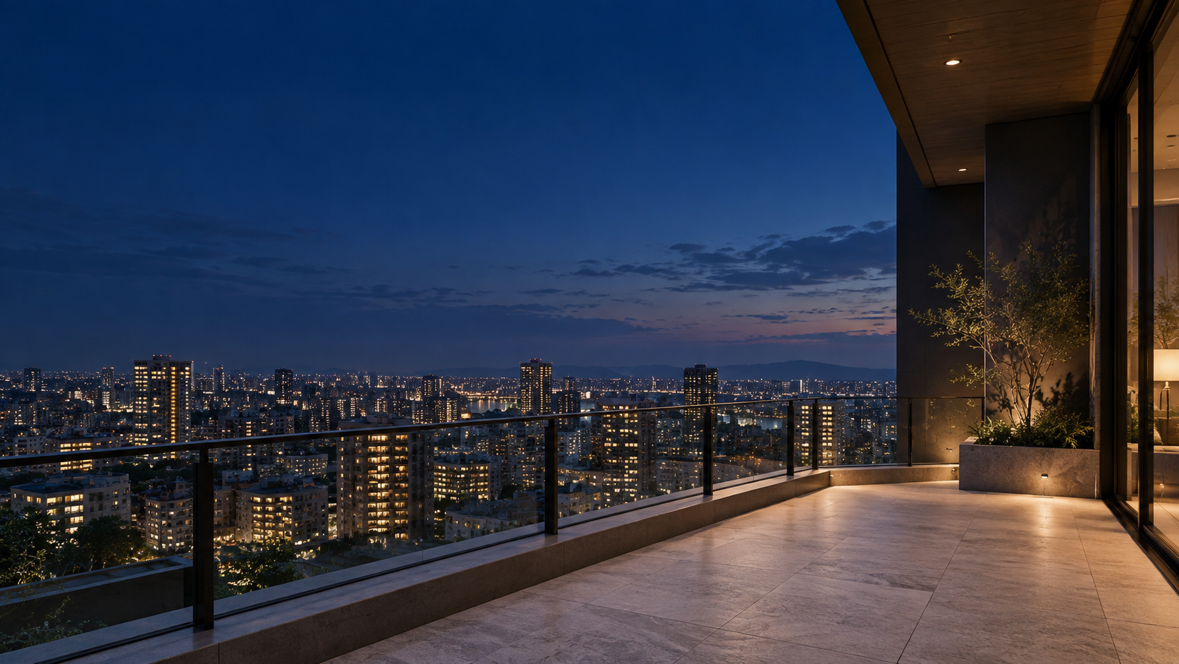 都市の夜景を望むマンションのテラスのブランドイメージ